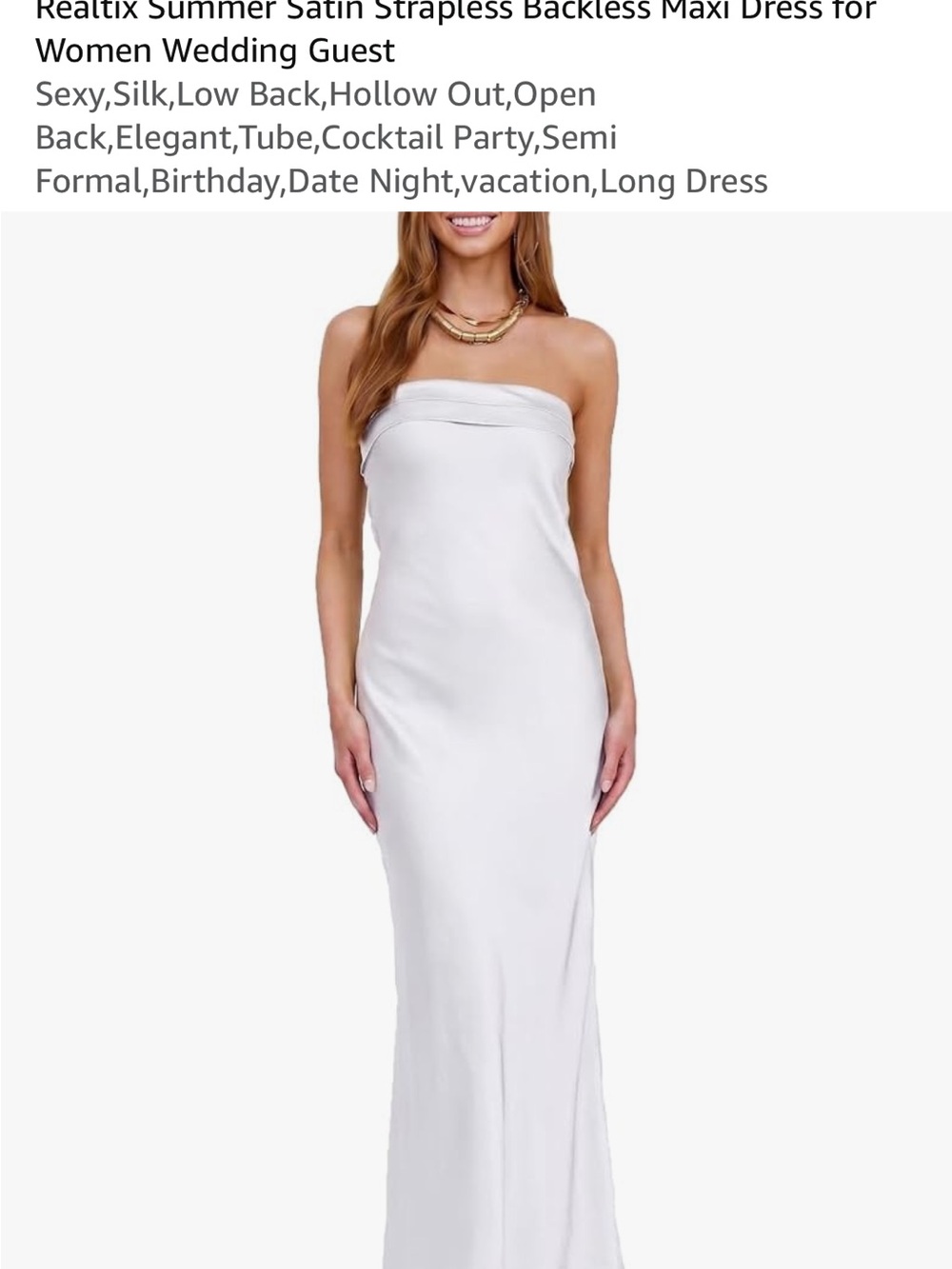 Strapless White Satin Maxi Dress with Fold-Over Bodice
